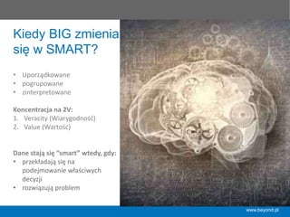 www.beyond.pl
Kiedy BIG zmienia
się w SMART?
	
  
	
  
	
  
	
  
•  Uporządkowane	
  
•  pogrupowane	
  
•  zinterpretowane	
  	
  
	
  
Koncentracja	
  na	
  2V:	
  
1.  Veracity	
  (Wiarygodność)	
  	
  
2.  Value	
  (Wartość)	
  
	
  
	
  
Dane	
  stają	
  się	
  “smart”	
  wtedy,	
  gdy:	
  
•  przekładają	
  się	
  na	
  	
  
podejmowanie	
  właściwych	
  	
  
decyzji	
  
•  rozwiązują	
  problem	
  
 