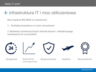4: infrastruktura IT i moc obliczeniowa
- Make IT work!	
  
Musi	
  wspierać	
  BIG	
  DATA	
  na	
  2	
  poziomach:	
  	
  
	
  
1.  Analityka	
  prowadzona	
  w	
  czasie	
  rzeczywistym	
  	
  
	
  
2.	
  Możliwość	
  archiwizacji	
  dużych	
  zbiorów	
  danych	
  i	
  	
  dokładniejszego	
  
analizowania	
  ich	
  w	
  przyszłości	
  
Bezpieczeństwo	
  	
  Dostępność	
  	
   Skalowalność	
  
i	
  brak	
  ograniczeń	
  
Szybkość	
  	
   Niezawodność	
  	
  
www.beyond.pl
 