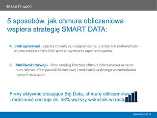 4.	
  	
  Brak	
  ograniczeń	
  -­‐	
  Zasoby	
  chmury	
  są	
  nieograniczone,	
  a	
  dzięki	
  ich	
  
skalowalności	
  można	
  zwiększać	
  ich	
  ilość	
  wraz	
  ze	
  wzrostem	
  zapotrzebowania.	
  
	
  
	
  
5.  Możliwości	
  rozwoju	
  -­‐	
  Poza	
  obniżką	
  kosztów,	
  chmura	
  obliczeniowa	
  oznacza	
  
m.in.	
  Wzrost	
  efektywności	
  biznesowej	
  i	
  możliwość	
  szybszego	
  wprowadzania	
  
nowych	
  rozwiązań.	
  	
  
5 sposobów, jak chmura obliczeniowa
wspiera strategię SMART DATA:
Firmy aktywnie stosujące Big Data, chmurę obliczeniową
i mobilność cechuje ok. 53% wyższy wskaźnik wzrostu.
www.beyond.pl
-Make IT work!	
  
 