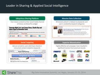 Leader in Sharing & Applied Social Intelligence

Ubiquitous Sharing Platform

Massive Data Collection

User shares content to their social media channel
of choice via ShareThis widget

All shared content is indexed via keywords and
user is cookied by keyword categories

Social Targeting

Superior Monetization

Ads are served to users who have shared or
consumed content related to keywords

Highly effective ad campaigns have resulted in
significant traction from premium brands

Targeted Ad Here

Big Data Innovation Summit, Las Vegas, January 22-23, 2014

 