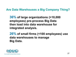 27
Are Data Warehouses a Big Company Thing?
36% of large organizations (>10,000
employees) pre-process Big Data
then load into data warehouse for
integrated analysis.
26% of small firms (<100 employees) use
data warehouses to manage
Big Data.
 