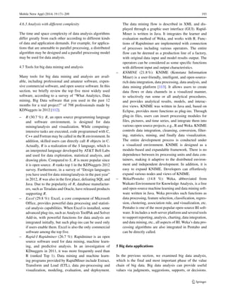 Mobile Netw Appl (2014) 19:171–209 193
4.6.3 Analysis with different complexity
The time and space complexity of data analysis algorithms
differ greatly from each other according to different kinds
of data and application demands. For example, for applica-
tions that are amenable to parallel processing, a distributed
algorithm may be designed and a parallel processing model
may be used for data analysis.
4.7 Tools for big data mining and analysis
Many tools for big data mining and analysis are avail-
able, including professional and amateur software, expen-
sive commercial software, and open source software. In this
section, we briefly review the top five most widely used
software, according to a survey of “What Analytics, Data
mining, Big Data software that you used in the past 12
months for a real project?” of 798 professionals made by
KDNuggets in 2012 [112].
– R (30.7 %): R, an open source programming language
and software environment, is designed for data
mining/analysis and visualization. While computing-
intensive tasks are executed, code programmed with C,
C++ and Fortran may be called in the R environment. In
addition, skilled users can directly call R objects in C.
Actually, R is a realization of the S language, which is
an interpreted language developed by AT&T Bell Labs
and used for data exploration, statistical analysis, and
drawing plots. Compared to S, R is more popular since
it is open source. R ranks top 1 in the KDNuggets 2012
survey. Furthermore, in a survey of “Design languages
you have used for data mining/analysis in the past year”
in 2012, R was also in the first place, defeating SQL and
Java. Due to the popularity of R, database manufactur-
ers, such as Teradata and Oracle, have released products
supporting R.
– Excel (29.8 %): Excel, a core component of Microsoft
Office, provides powerful data processing and statisti-
cal analysis capabilities. When Excel is installed, some
advanced plug-ins, such as Analysis ToolPak and Solver
Add-in, with powerful functions for data analysis are
integrated initially, but such plug-ins can be used only
if users enable them. Excel is also the only commercial
software among the top five.
– Rapid-I Rapidminer (26.7 %): Rapidminer is an open
source software used for data mining, machine learn-
ing, and predictive analysis. In an investigation of
KDnuggets in 2011, it was more frequently used than
R (ranked Top 1). Data mining and machine learn-
ing programs provided by RapidMiner include Extract,
Transform and Load (ETL), data pre-processing and
visualization, modeling, evaluation, and deployment.
The data mining flow is described in XML and dis-
played through a graphic user interface (GUI). Rapid-
Miner is written in Java. It integrates the learner and
evaluation method of Weka, and works with R. Func-
tions of Rapidminer are implemented with connection
of processes including various operators. The entire
flow can be deemed as a production line of a factory,
with original data input and model results output. The
operators can be considered as some specific functions
with different input and output characteristics.
– KNMINE (21.8%): KNIME (Konstanz Information
Miner) is a user-friendly, intelligent, and open-source-
rich data integration, data processing, data analysis, and
data mining platform [113]. It allows users to create
data flows or data channels in a visualized manner,
to selectively run some or all analytical procedures,
and provides analytical results, models, and interac-
tive views. KNIME was written in Java and, based on
Eclipse, provides more functions as plug-ins. Through
plug-in files, users can insert processing modules for
files, pictures, and time series, and integrate them into
various open source projects, e.g., R and Weka. KNIME
controls data integration, cleansing, conversion, filter-
ing, statistics, mining, and finally data visualization.
The entire development process is conducted under
a visualized environment. KNIME is designed as a
module-based and expandable framework. There is no
dependence between its processing units and data con-
tainers, making it adaptive to the distributed environ-
ment and independent development. In addition, it is
easy to expand KNIME. Developers can effortlessly
expand various nodes and views of KNIME.
– Weka/Pentaho (14.8 %): Weka, abbreviated from
Waikato Environment for Knowledge Analysis, is a free
and open-source machine learning and data mining soft-
ware written in Java. Weka provides such functions as
data processing, feature selection, classification, regres-
sion, clustering, association rule, and visualization, etc.
Pentaho is one of the most popular open-source BI soft-
ware. It includes a web server platform and several tools
to support reporting, analysis, charting, data integration,
and data mining, etc., all aspects of BI. Weka’s data pro-
cessing algorithms are also integrated in Pentaho and
can be directly called.
5 Big data applications
In the previous section, we examined big data analysis,
which is the final and most important phase of the value
chain of big data. Big data analysis can provide useful
values via judgments, suggestions, supports, or decisions.
 