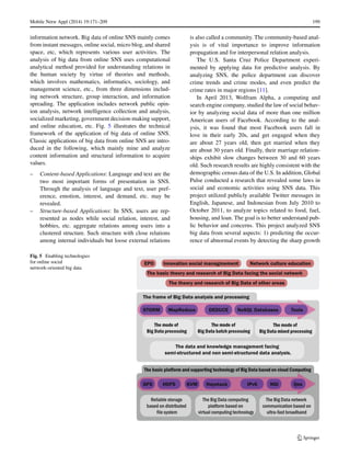 Mobile Netw Appl (2014) 19:171–209 199
information network. Big data of online SNS mainly comes
from instant messages, online social, micro blog, and shared
space, etc, which represents various user activities. The
analysis of big data from online SNS uses computational
analytical method provided for understanding relations in
the human society by virtue of theories and methods,
which involves mathematics, informatics, sociology, and
management science, etc., from three dimensions includ-
ing network structure, group interaction, and information
spreading. The application includes network public opin-
ion analysis, network intelligence collection and analysis,
socialized marketing, government decision-making support,
and online education, etc. Fig. 5 illustrates the technical
framework of the application of big data of online SNS.
Classic applications of big data from online SNS are intro-
duced in the following, which mainly mine and analyze
content information and structural information to acquire
values.
– Content-based Applications: Language and text are the
two most important forms of presentation in SNS.
Through the analysis of language and text, user pref-
erence, emotion, interest, and demand, etc. may be
revealed.
– Structure-based Applications: In SNS, users are rep-
resented as nodes while social relation, interest, and
hobbies, etc. aggregate relations among users into a
clustered structure. Such structure with close relations
among internal individuals but loose external relations
is also called a community. The community-based anal-
ysis is of vital importance to improve information
propagation and for interpersonal relation analysis.
The U.S. Santa Cruz Police Department experi-
mented by applying data for predictive analysis. By
analyzing SNS, the police department can discover
crime trends and crime modes, and even predict the
crime rates in major regions [11].
In April 2013, Wolfram Alpha, a computing and
search engine company, studied the law of social behav-
ior by analyzing social data of more than one million
American users of Facebook. According to the anal-
ysis, it was found that most Facebook users fall in
love in their early 20s, and get engaged when they
are about 27 years old, then get married when they
are about 30 years old. Finally, their marriage relation-
ships exhibit slow changes between 30 and 60 years
old. Such research results are highly consistent with the
demographic census data of the U.S. In addition, Global
Pulse conducted a research that revealed some laws in
social and economic activities using SNS data. This
project utilized publicly available Twitter messages in
English, Japanese, and Indonesian from July 2010 to
October 2011, to analyze topics related to food, fuel,
housing, and loan. The goal is to better understand pub-
lic behavior and concerns. This project analyzed SNS
big data from several aspects: 1) predicting the occur-
rence of abnormal events by detecting the sharp growth
Fig. 5 Enabling technologies
for online social
network-oriented big data
 