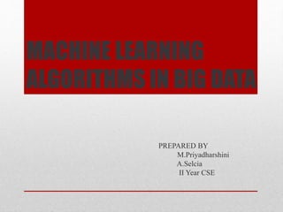 MACHINE LEARNING
ALGORITHMS IN BIG DATA
PREPARED BY
M.Priyadharshini
A.Selcia
II Year CSE
 