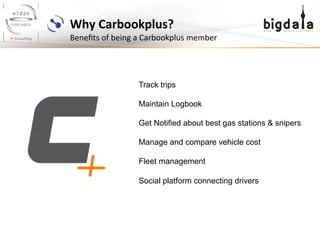 Why	
  Carbookplus? 	
  	
  
Beneﬁts	
  of	
  being	
  a	
  Carbookplus	
  member	
  
Track trips
Maintain Logbook
Get Notified about best gas stations & snipers
Manage and compare vehicle cost
Fleet management
Social platform connecting drivers
 