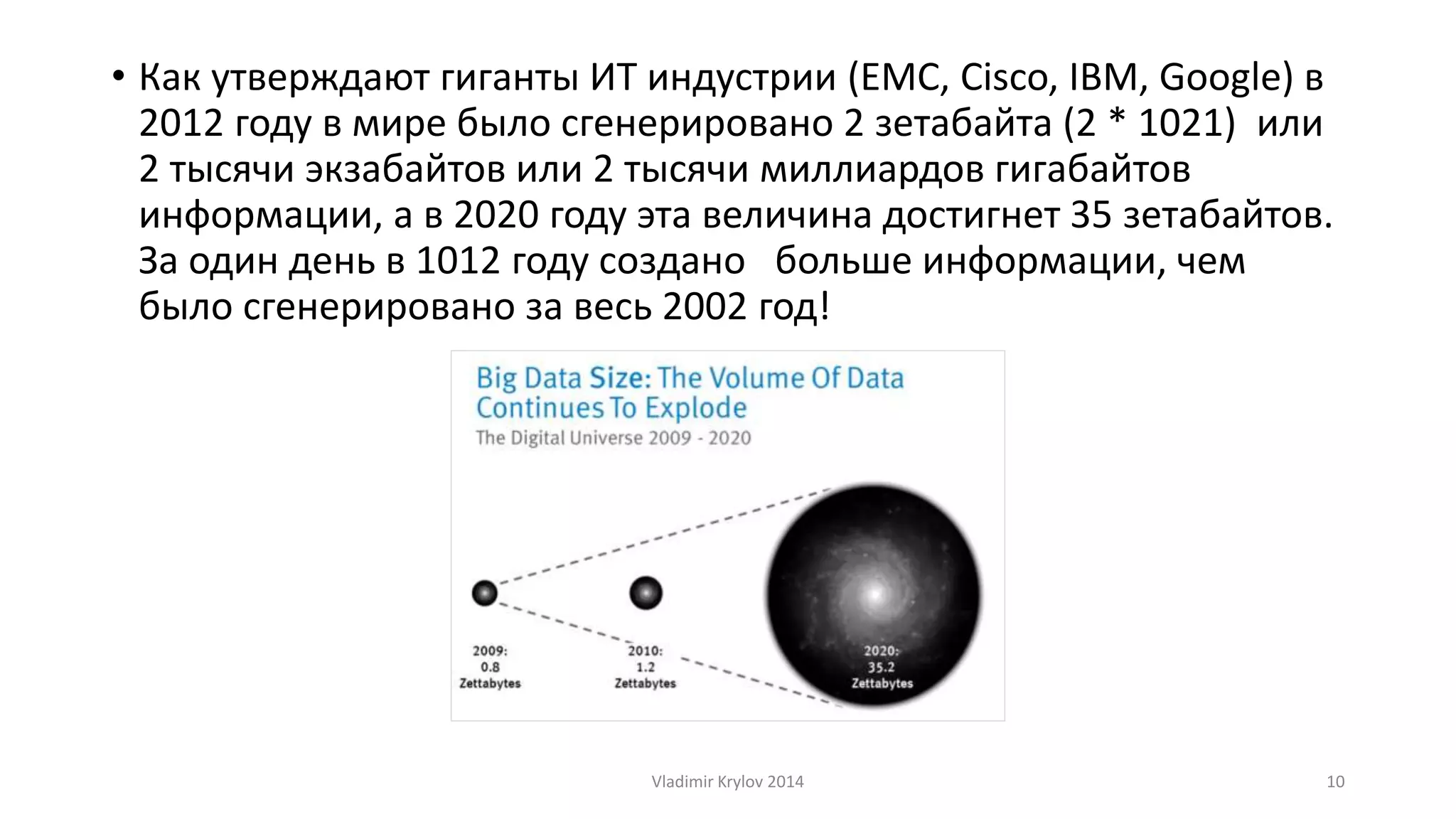 • Как утверждают гиганты ИТ индустрии (ЕМС, Cisco, IBM, Google) в 
2012 году в мире было сгенерировано 2 зетабайта (2 * 1021) или 
2 тысячи экзабайтов или 2 тысячи миллиардов гигабайтов 
информации, а в 2020 году эта величина достигнет 35 зетабайтов. 
За один день в 1012 году создано больше информации, чем 
было сгенерировано за весь 2002 год! 
Vladimir Krylov 2014 10 
 