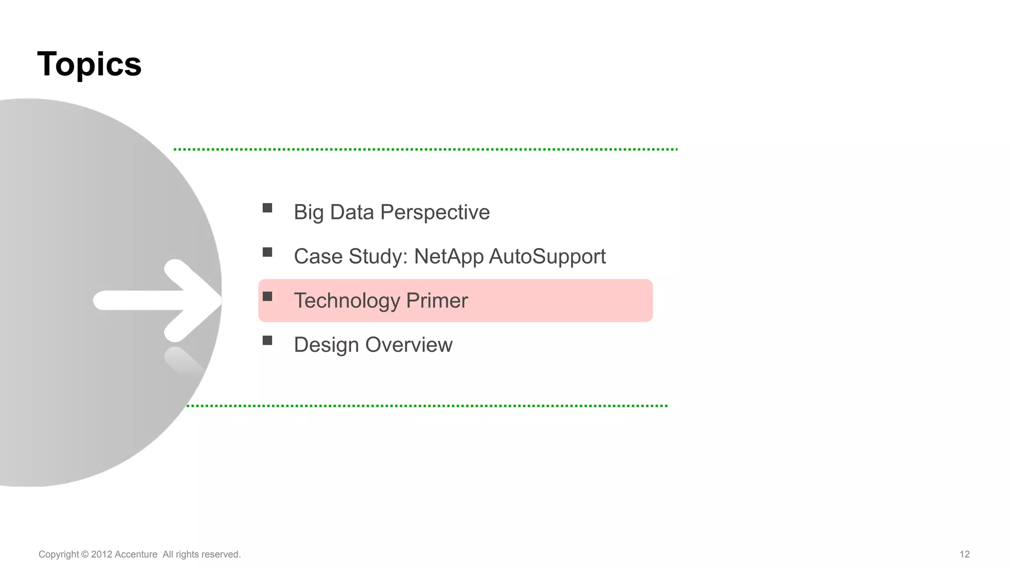 Topics



                                                     Big Data Perspective

                                                     Case Study: NetApp AutoSupport

                                                     Technology Primer

                                                     Design Overview




Copyright © 2012 Accenture All rights reserved.                                        12
 