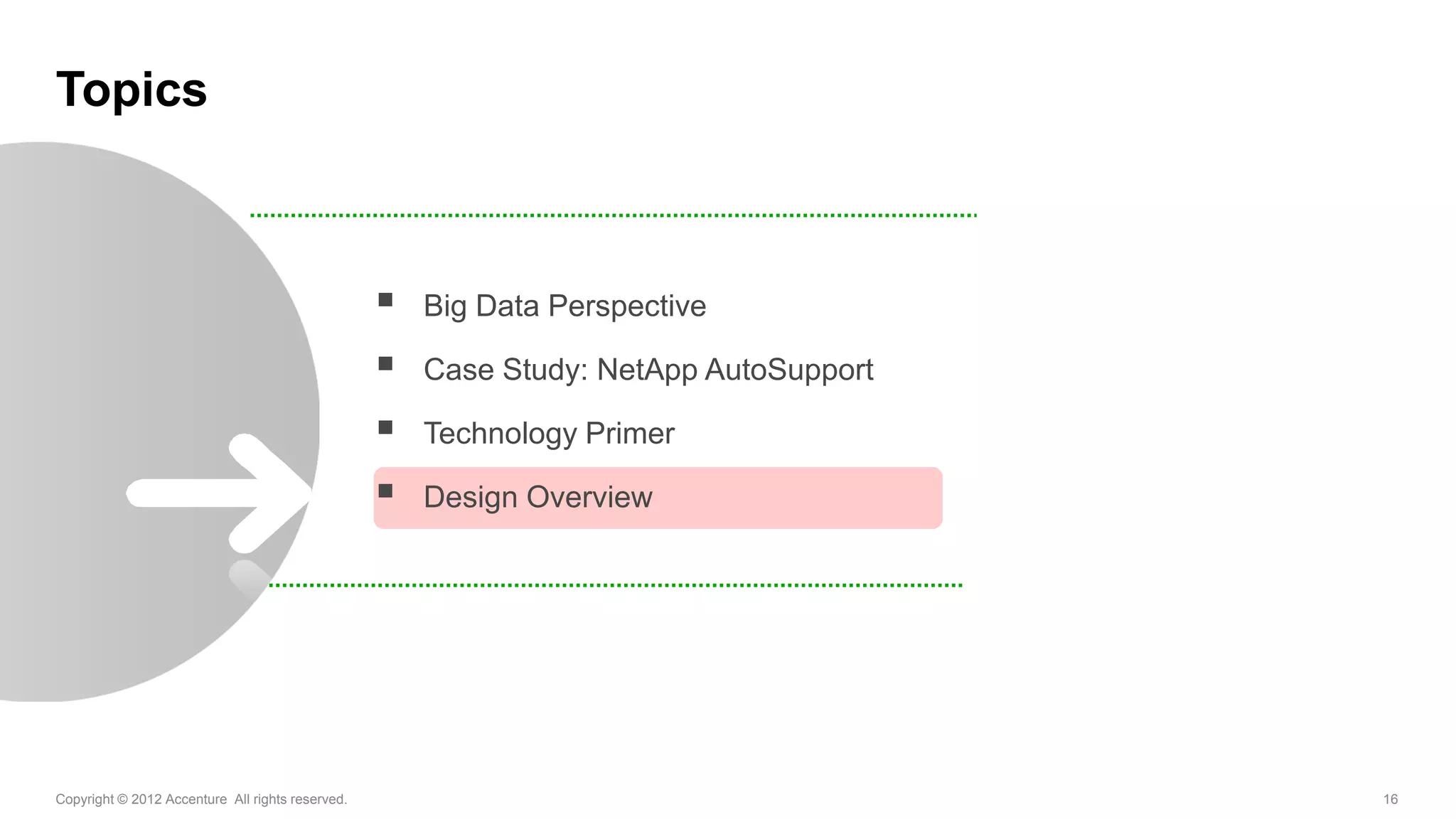 Topics



                                                     Big Data Perspective

                                                     Case Study: NetApp AutoSupport

                                                     Technology Primer

                                                     Design Overview




Copyright © 2012 Accenture All rights reserved.                                        16
 