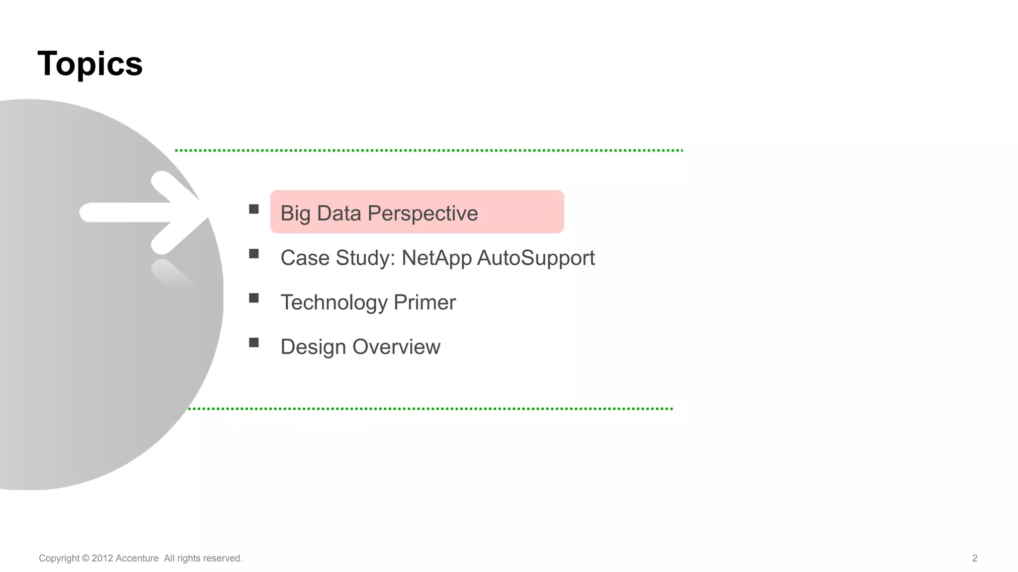 Topics



                                                     Big Data Perspective

                                                     Case Study: NetApp AutoSupport

                                                     Technology Primer

                                                     Design Overview




Copyright © 2012 Accenture All rights reserved.                                        2
 