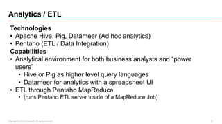 Analytics / ETL
 Technologies
 • Apache Hive, Pig, Datameer (Ad hoc analytics)
 • Pentaho (ETL / Data Integration)
 Capabilities
 • Analytical environment for both business analysts and “power
   users”
    • Hive or Pig as higher level query languages
    • Datameer for analytics with a spreadsheet UI
 • ETL through Pentaho MapReduce
          • (runs Pentaho ETL server inside of a MapReduce Job)



Copyright © 2012 Accenture All rights reserved.                   21
 