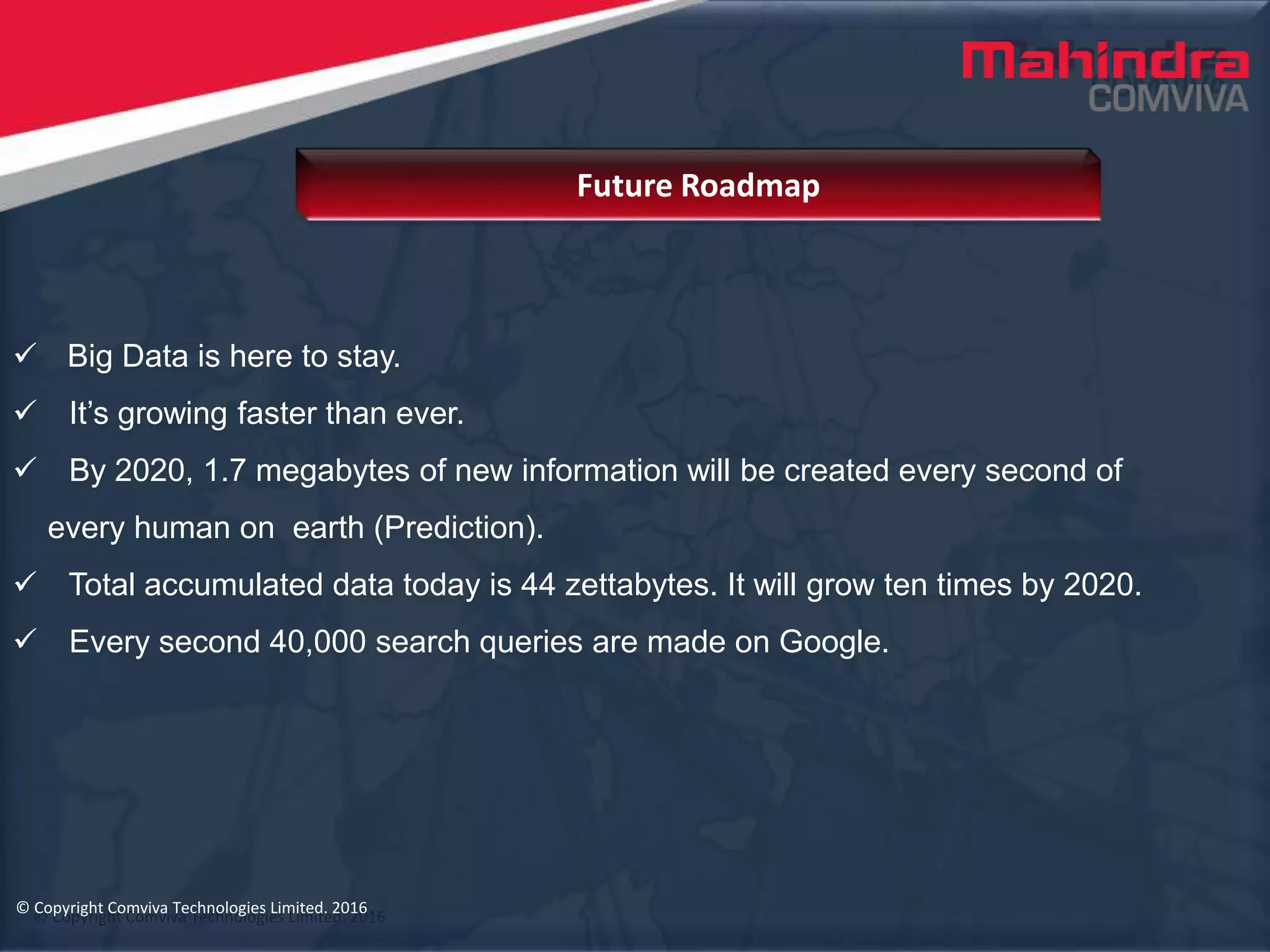 © Copyright Comviva Technologies Limited. 2016
 Big Data is here to stay.
 It’s growing faster than ever.
 By 2020, 1.7 megabytes of new information will be created every second of
every human on earth (Prediction).
 Total accumulated data today is 44 zettabytes. It will grow ten times by 2020.
 Every second 40,000 search queries are made on Google.
Future Roadmap
© Copyright Comviva Technologies Limited. 2016
 