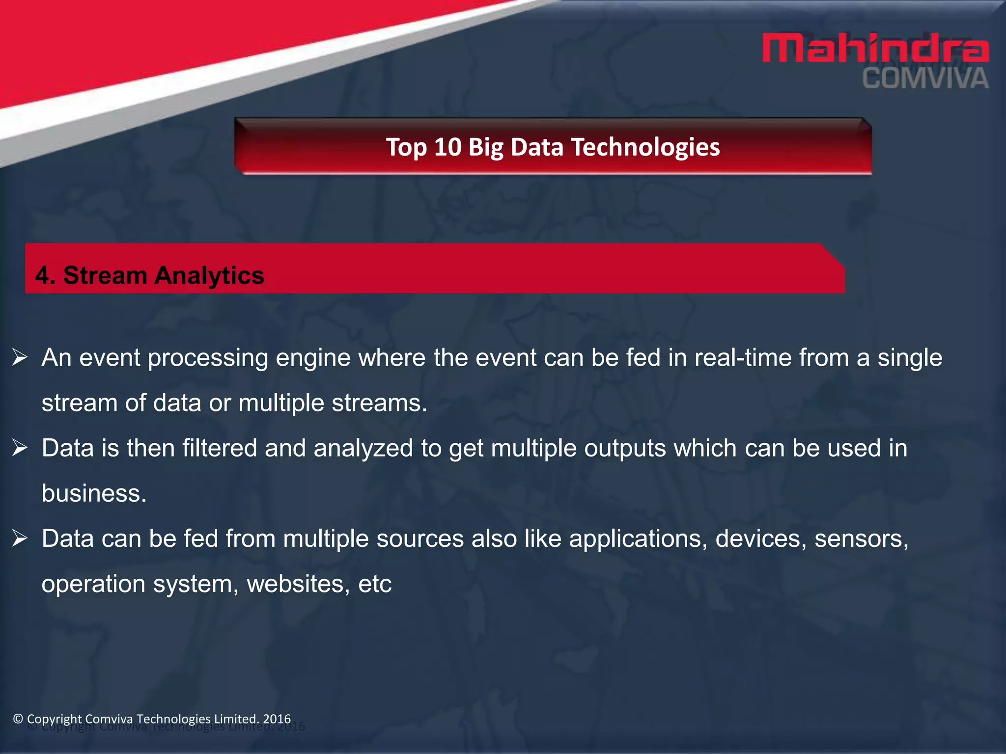 © Copyright Comviva Technologies Limited. 2016
 An event processing engine where the event can be fed in real-time from a single
stream of data or multiple streams.
 Data is then filtered and analyzed to get multiple outputs which can be used in
business.
 Data can be fed from multiple sources also like applications, devices, sensors,
operation system, websites, etc
Top 10 Big Data Technologies
© Copyright Comviva Technologies Limited. 2016
4. Stream Analytics
 
