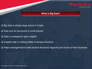 © Copyright Comviva Technologies Limited. 2016
 Big data is simply large amount of data
 Data can be structured or unstructured
 Data is analysed to gain insights
 Insights help in making better business decisions
 Helps management to take tactical decisions regarding the future of their business
What is Big Data?
© Copyright Comviva Technologies Limited. 2016
 