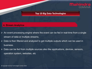 © Copyright Comviva Technologies Limited. 2016
 An event processing engine where the event can be fed in real-time from a single
stream of data or multiple streams.
 Data is then filtered and analyzed to get multiple outputs which can be used in
business.
 Data can be fed from multiple sources also like applications, devices, sensors,
operation system, websites, etc
Top 10 Big Data Technologies
© Copyright Comviva Technologies Limited. 2016
4. Stream Analytics
 