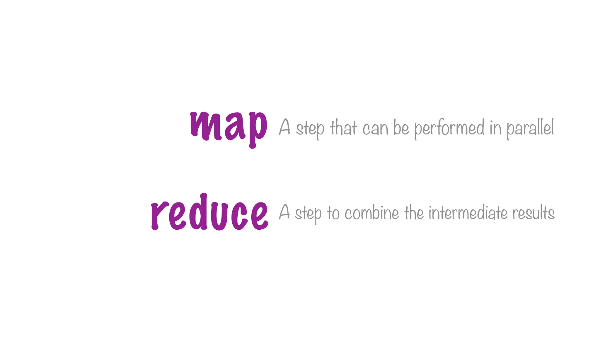 A step that can be performed in parallel
A step to combine the intermediate results
map
reduce
 