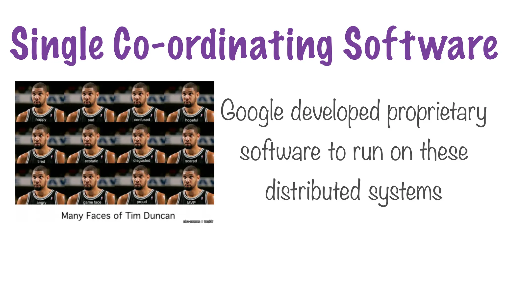 Google developed proprietary
software to run on these
distributed systems
Single Co-ordinating Software
 