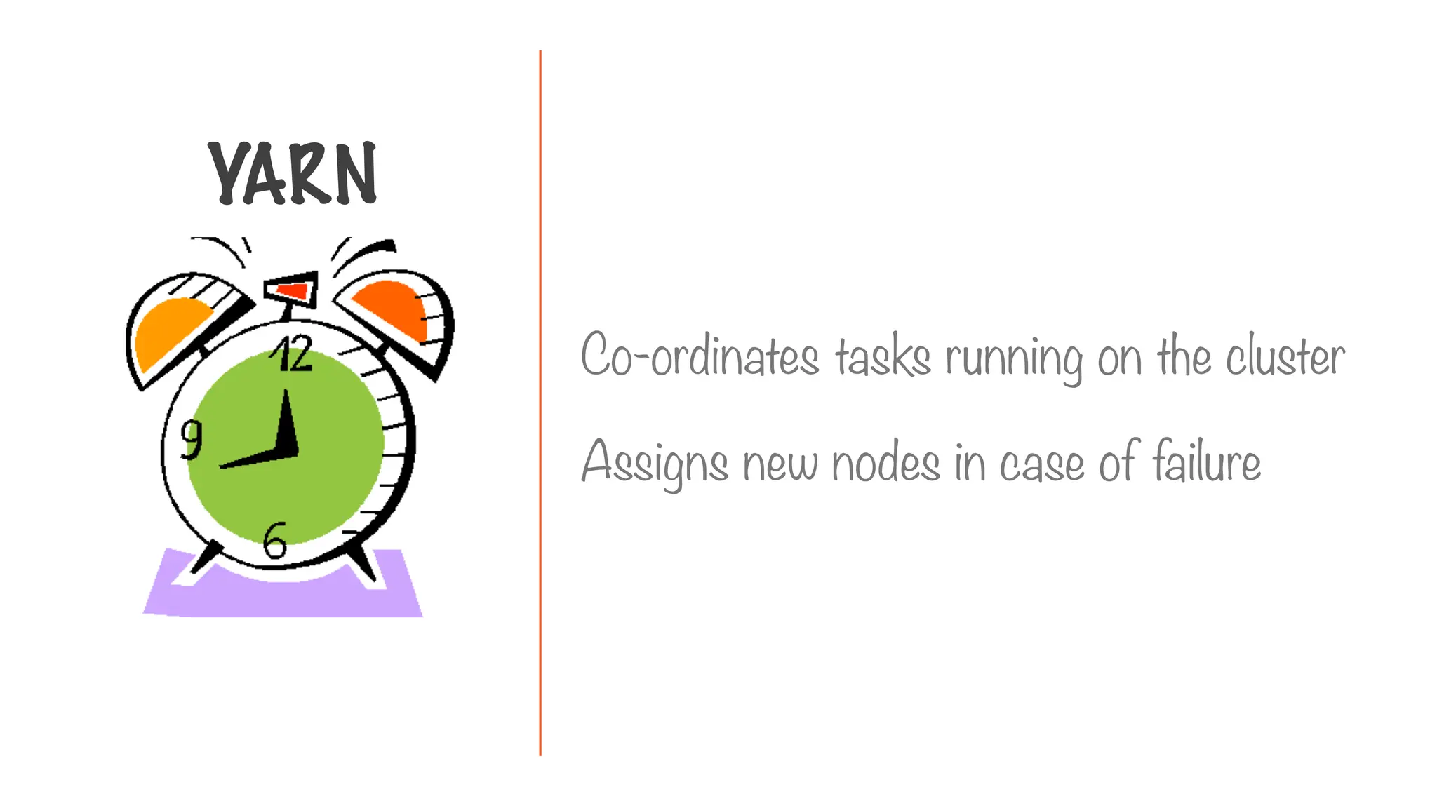 YARN
Co-ordinates tasks running on the cluster
Assigns new nodes in case of failure
 