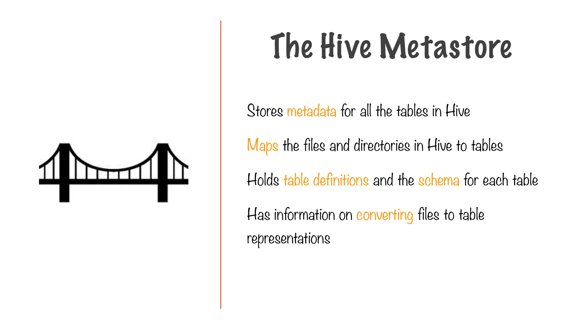 Stores metadata for all the tables in Hive
Maps the files and directories in Hive to tables
Holds table definitions and the schema for each table
Has information on converting files to table
representations
The Hive Metastore
 