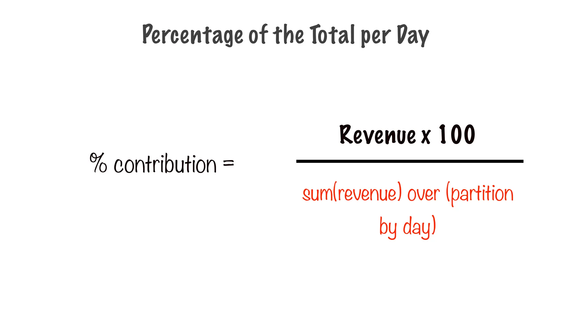 Percentage of the Total per Day
% contribution =
Revenue x 100
sum(revenue) over (partition
by day)
 