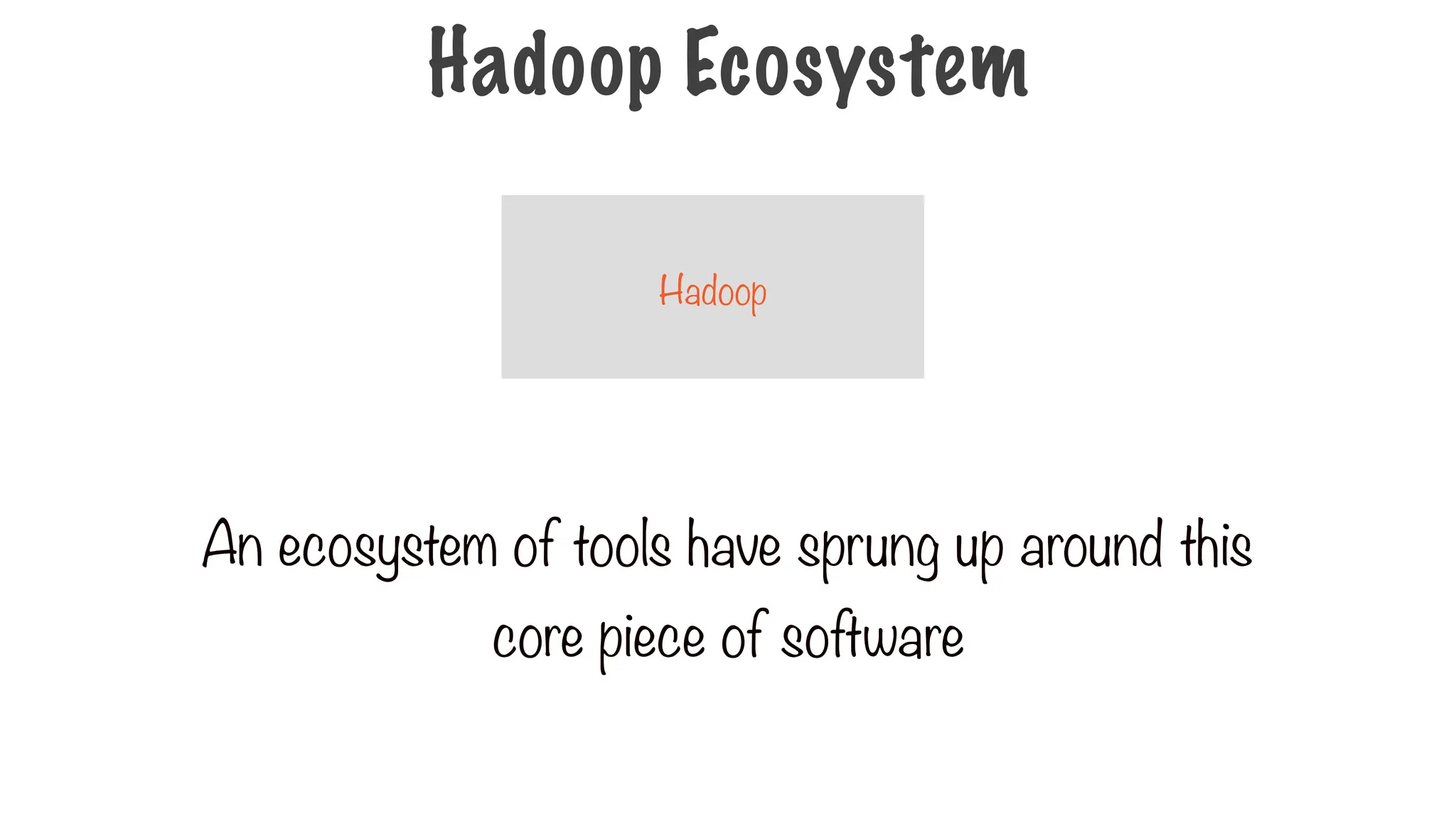 Hadoop
An ecosystem of tools have sprung up around this
core piece of software
Hadoop Ecosystem
 