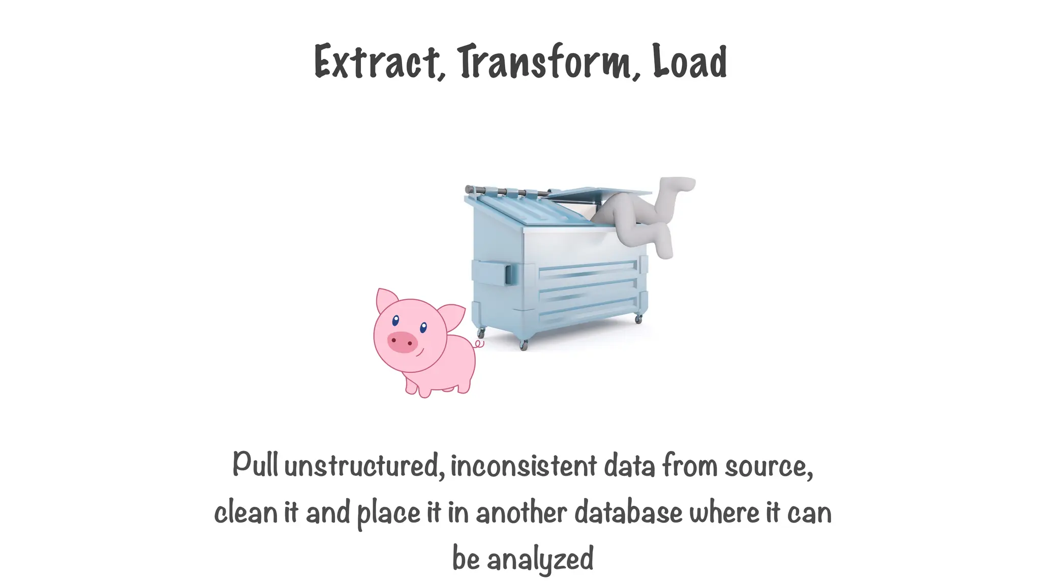 Extract, Transform, Load
Pull unstructured, inconsistent data from source,
clean it and place it in another database where it can
be analyzed
 