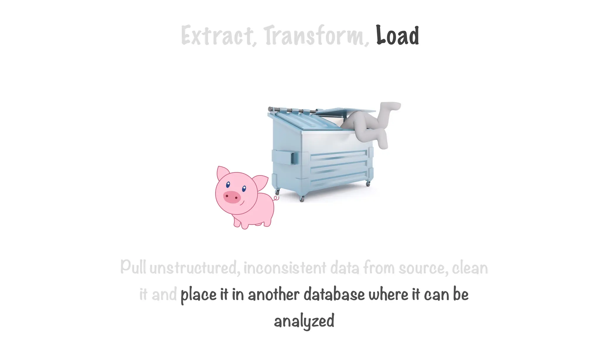 Extract, Transform, Load
Pull unstructured, inconsistent data from source, clean
it and place it in another database where it can be
analyzed
 