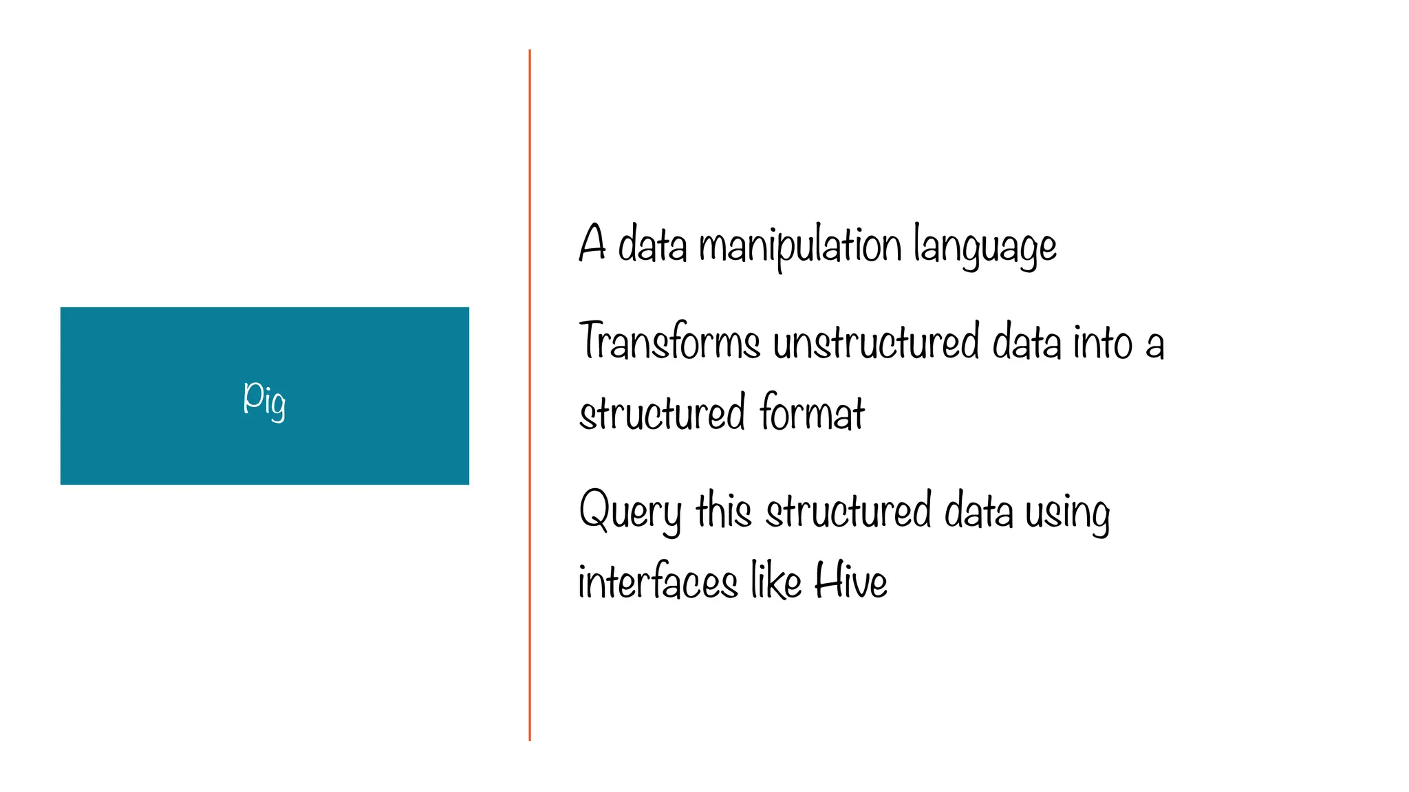 A data manipulation language
Transforms unstructured data into a
structured format
Query this structured data using
interfaces like Hive
Pig
 