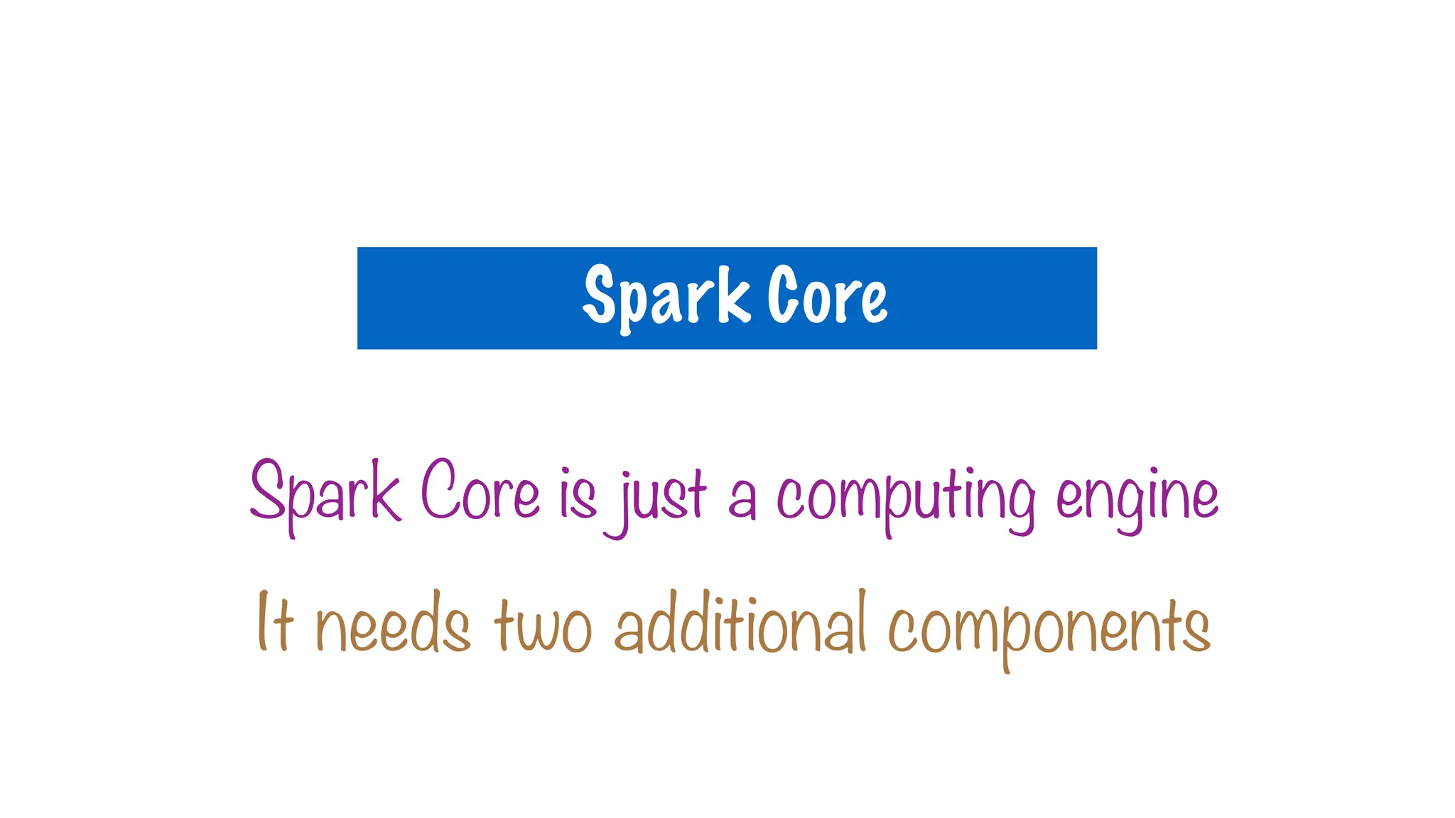 Spark Core is just a computing engine
It needs two additional components
Spark Core
 