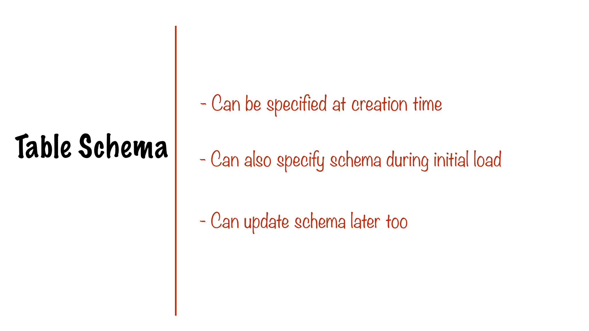 Table Schema
- Can be specified at creation time
- Can also specify schema during initial load
- Can update schema later too
 