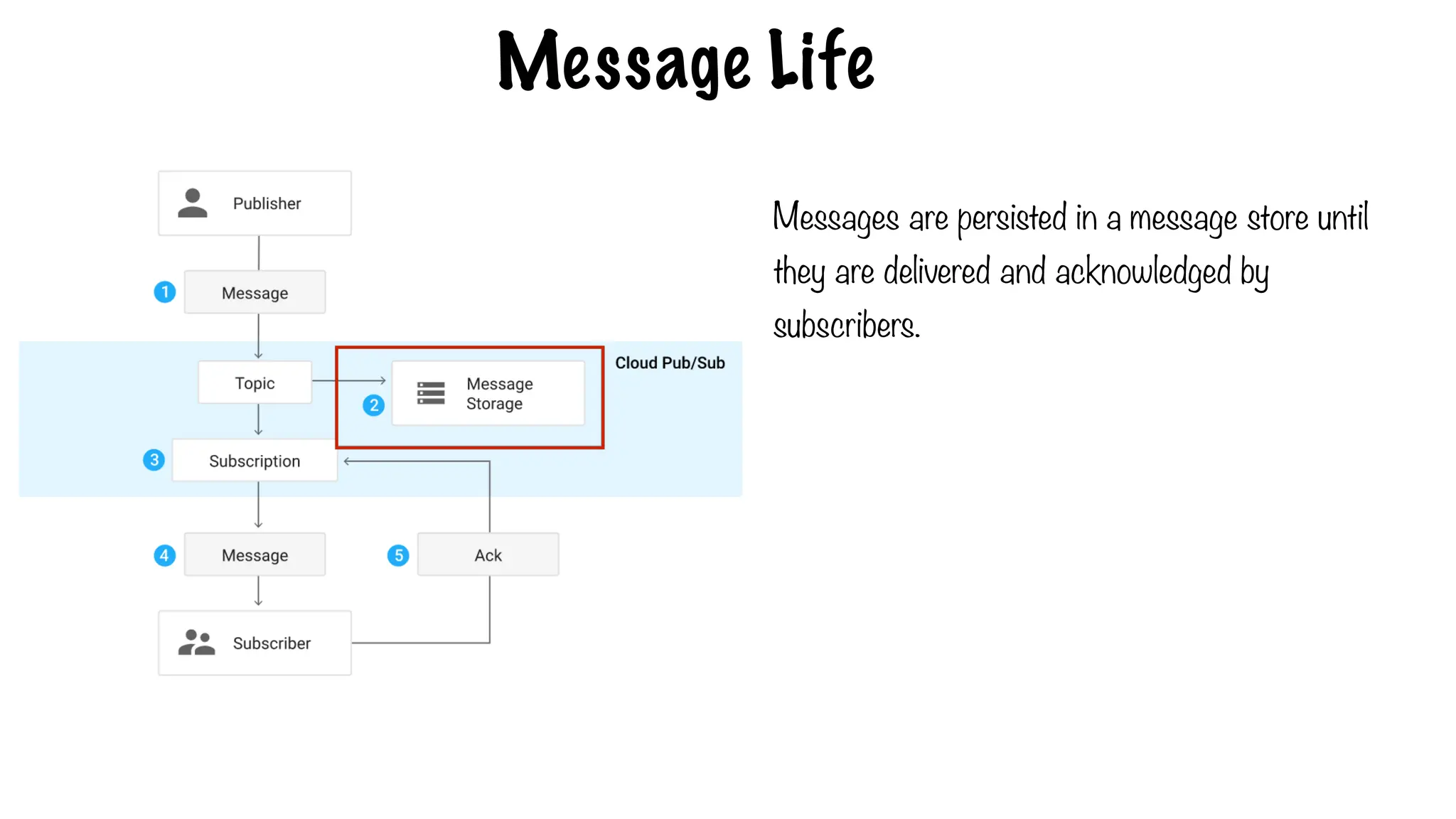 Message Life
Messages are persisted in a message store until
they are delivered and acknowledged by
subscribers.
 