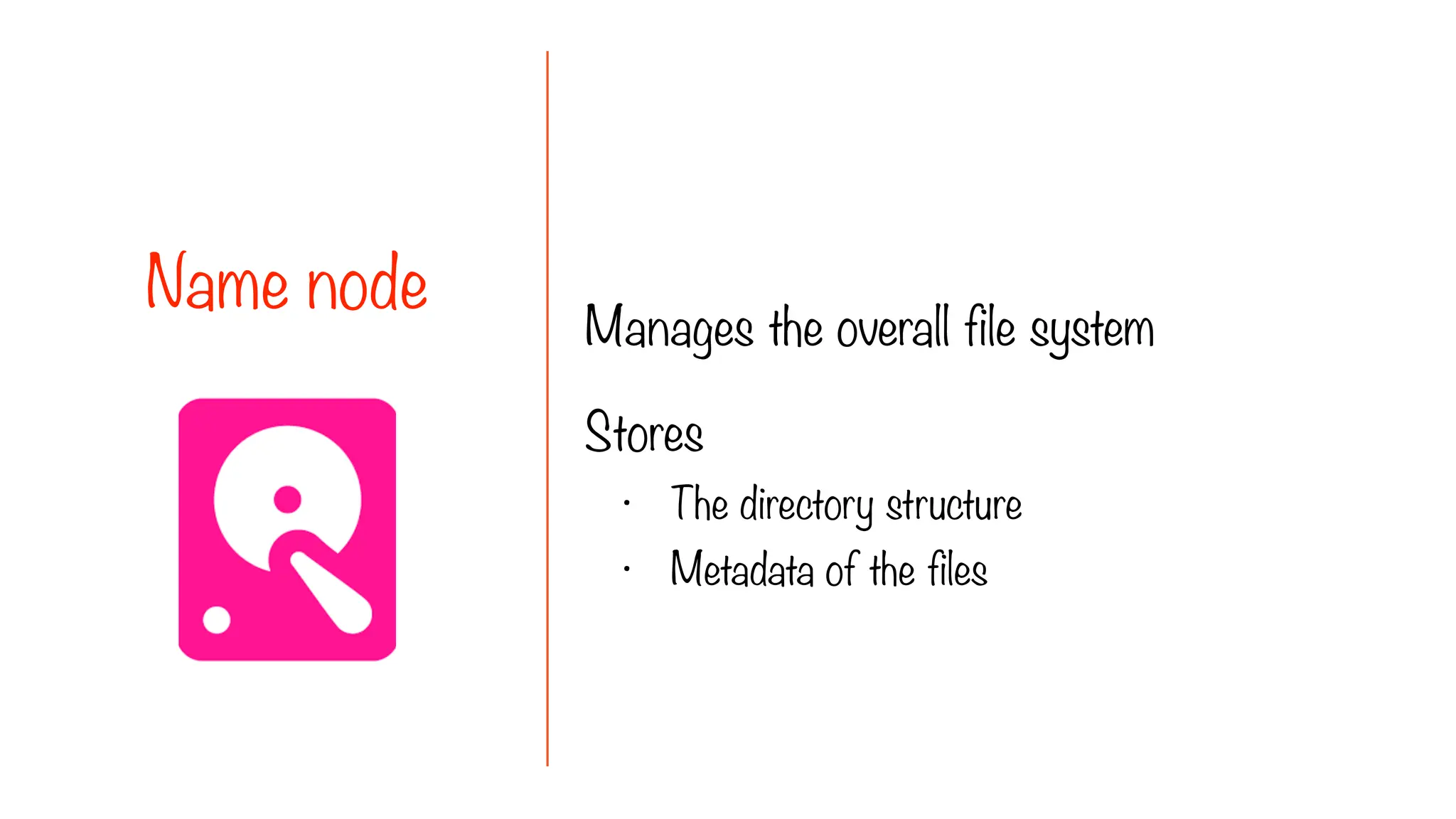 Manages the overall file system
Stores
• The directory structure
• Metadata of the files
Name node
 