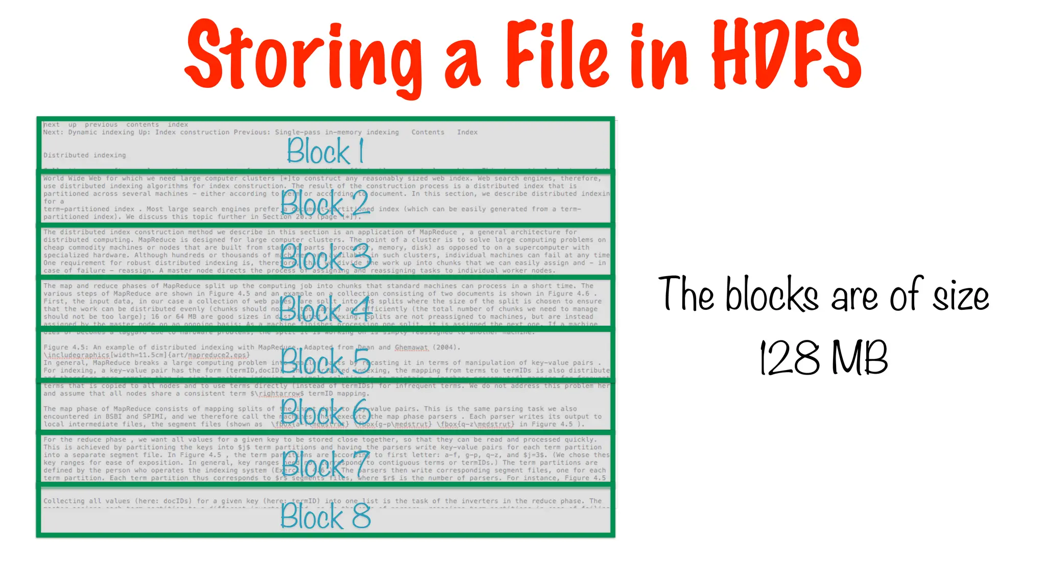 The blocks are of size
128 MB
Block 1
Block 2
Block 3
Block 4
Block 6
Block 5
Block 7
Block 8
Storing a File in HDFS
 