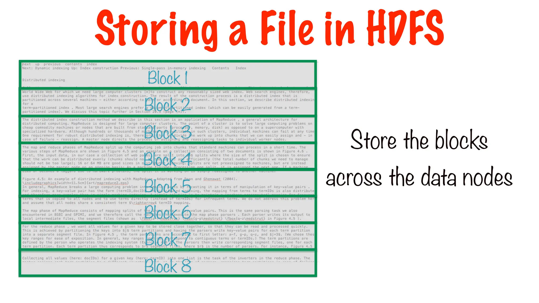 Store the blocks
across the data nodes
Block 1
Block 2
Block 3
Block 4
Block 6
Block 5
Block 7
Block 8
Storing a File in HDFS
 