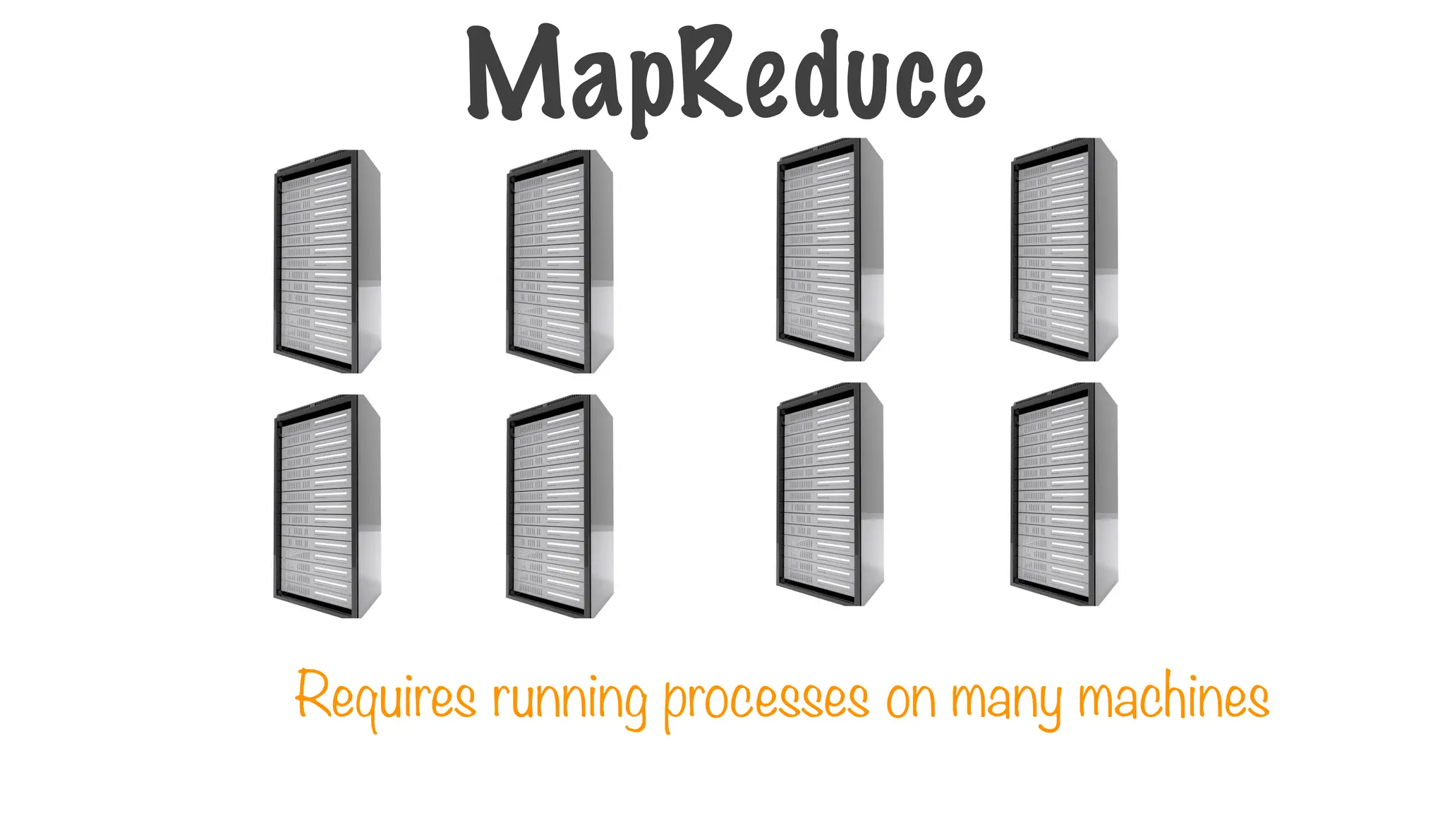 Requires running processes on many machines
MapReduce
 