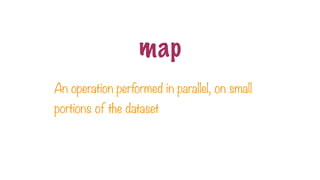 An operation performed in parallel, on small
portions of the dataset
map
 
