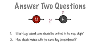 1. What {key, value} pairs should be emitted in the map step?
2. How should values with the same key be combined?
?
?
Answer Two Questions
M R
 