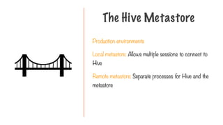 Production environments
Local metastore: Allows multiple sessions to connect to
Hive
Remote metastore: Separate processes for Hive and the
metastore
The Hive Metastore
 