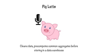 Pig Latin
Cleans data, precomputes common aggregates before
storing in a data warehouse
 