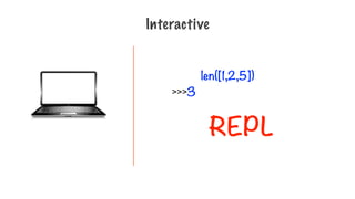 Interactive
len([1,2,5])
3
REPL
 