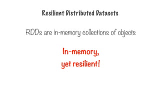 RDDs are in-memory collections of objects
In-memory,
yet resilient!
Resilient Distributed Datasets
 