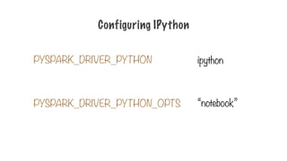 PYSPARK_DRIVER_PYTHON
Configuring IPython
PYSPARK_DRIVER_PYTHON_OPTS
ipython
“notebook”
 