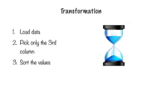 1. Load data
2. Pick only the 3rd
column
3. Sort the values
Transformation
 