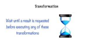 Wait until a result is requested
before executing any of these
transformations
Transformation
 