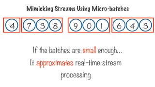 If the batches are small enough…
It approximates real-time stream
processing
Mimicking Streams Using Micro-batches
4 3
6
1
9 0
8
7 3
4
 