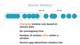 Session Window
Changing window size based on
session data
No overlapping time
Number of entities differ within a
window
Session gap determines window size
 