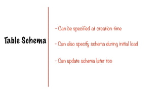 Table Schema
- Can be specified at creation time
- Can also specify schema during initial load
- Can update schema later too
 