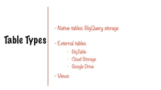 Table Types
- Native tables: BigQuery storage
- External tables
- Views
- BigT
able
- Cloud Storage
- Google Drive
 