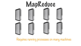 Requires running processes on many machines
MapReduce
 