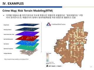 25
http://stephenmaps.weebly.com/analysis.html
 지역별 위험요소를 위치기반으로 지도에 투영시킨 위험지역 모델링으로 “범죄위험지도” 구현
미국 샌프란시스코, 애틀란시티 등에서 범죄위험예방을 위한 방법으로 활용되고 있음
 