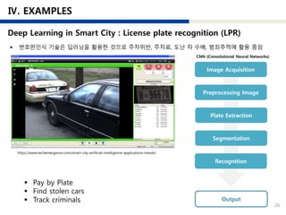 26
https://www.techemergence.com/smart-city-artificial-intelligence-applications-trends/
Image Acquisition
Preprocessing Image
Plate Extraction
Segmentation
Recognition
Output
 Pay by Plate
 Find stolen cars
 Track criminals
CNN (Convolutional Neural Networks)
 번호판인식 기술은 딥러닝을 활용한 것으로 주차위반, 주차료, 도난 차 수배, 범죄추적에 활용 중임
 